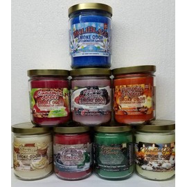 Smoke Odor Christmas Variety Pack Set of Eight Candles Includes HoliBlaze Evergreen & Berries, Cinnamon Apple, Vanilla Glitz, Mulberry Spice, Creamy Vanilla, Sugared Cranberry &. Pumpkin Spice.