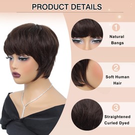 Angzon Pixie Cut Wig Human Hair Short Pixie Cut Wigs for Women Glueless Wig Human Hair Short Layered None Lace Front Wig with Bangs Brown Black Straight Wig