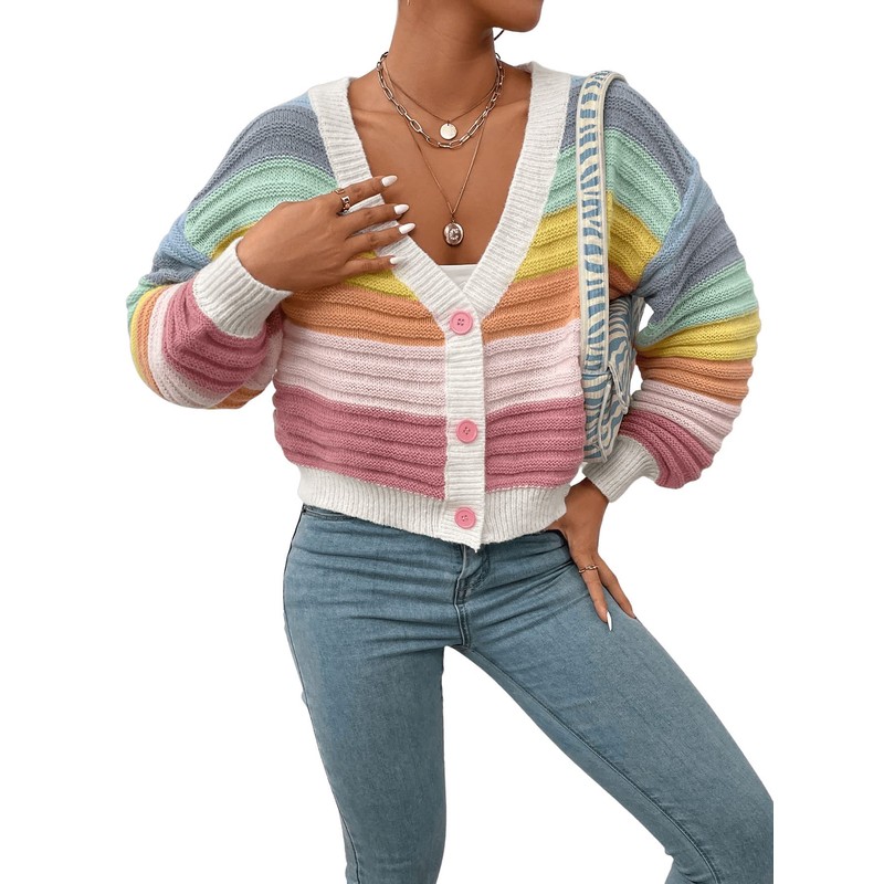 SweatyRocks Women's Color Block V Neck Button Front Knit Cardigan