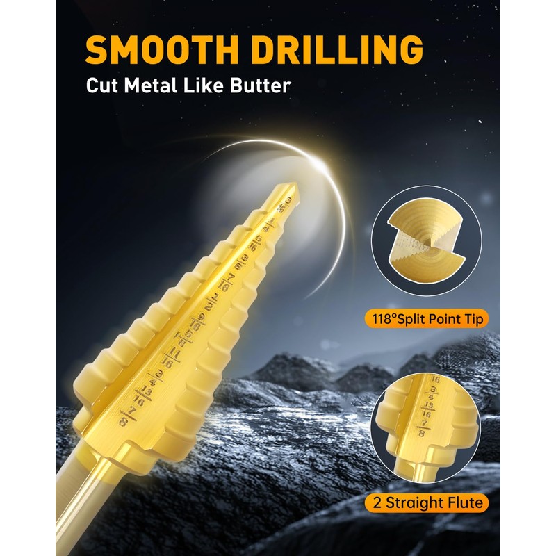 COMOWARE Step Drill Bit Set 5-Piece Titanium-Coated with Automatic Center