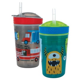 Nuby All in One Snack Bowl and No Spill Soft Straw Cup - 2 Pack Aqua Monsters & Grey Cars - Snack N' Sip, Holds: 4.5 oz Container with Lid and 9 oz/ 270 ml Straw Cup (12 Months +)