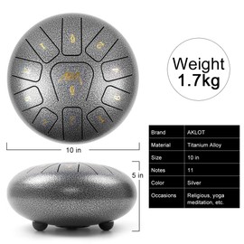 Steel Tongue Drum, AKLOT 10 inch 11 Notes Tank Drum C Key Percussion Steel Drum Kit w/Drum Mallets Note Stickers Finger Picks Mallet Bracket and Gig Bag