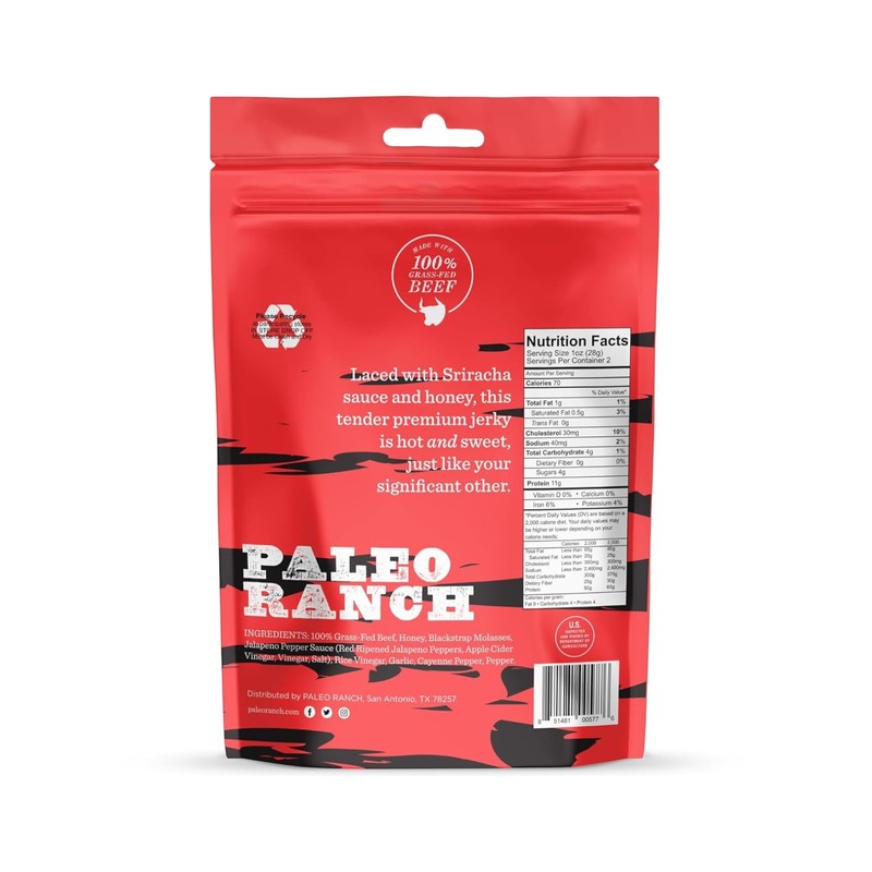 PALEO RANCH Grass-Fed Beef Jerky, Honey Sriracha, No Added Hormones,