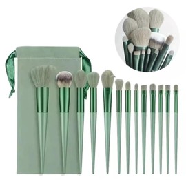 NOVOTEND - Set de Brochas para Maquillaje con Bolsa Enrrollable - 13 Piezas Kit de maquillaje - Pinceles para rubor, base, contorno, sombra de ojos, iluminador, cejas y corrector (Verde)
