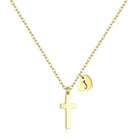 Tiny Cross Necklace for Little Kids Girls Heart Initial Necklace Christmas Gifts First Communion Baptism Gifts Birthday Gifts Stainless Steel Pendant Jewelry for Teens Children Women 18K Gold J