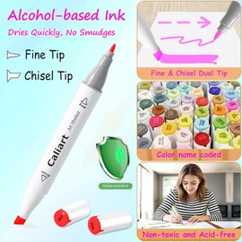 Caliart Alcohol Based Markers, 81 Colors Art Drawing Markers Set Dual Tip Fine & Chisel Permanent Colored Sketch Pens, with Case for Artists Adults Coloring Book Illustration