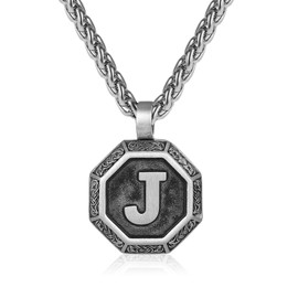Rajputana Initialen-Halskette für Männer und Jungen, Edelstahl-Buchstaben-Anhängerkette 50 + 5 cm, achteckig nordischer Wikinger-Talisman Schmuckgeschenke Initialen J