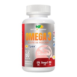 Suplemento Alimenticio NATUR PHARMA OMEGA 3 Aceite de pescado EPA 18% DHA 12% frasco con 60 softgel de 1.4 g c/u