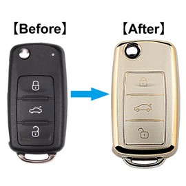 QIULIFAN Key Cover for VW Polo Golf4/5/6 Beetle Jetta Passat Tiguan T5 Bora Multivan Skoda Fabia MK6 Superb 3-Button TPU Key Case with Key Ring, Gold
