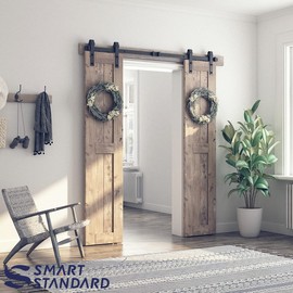 SMARTSTANDARD 6FT Double Barn Door Hardware Kit, Sliding Door Track-Smoothly and Quietly -includes Detailed Installation Fit 18" Wide Doorpanel (J Shape Hanger) Black