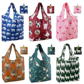 BeeGreen Animal Lover Reusable Grocery Bags | Foldable Tote Bags with Handles, Reusable Gift Bulk 6 Set for Women, Heavy Duty Washable Polyester Travel & Shopping Basket.