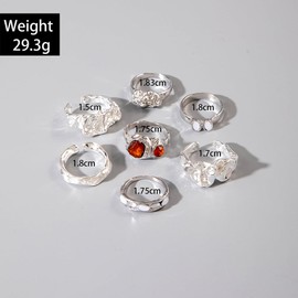 DZSYJKTM 7Pcs Stackable Chunky Gold Hammered Zirconia Knuckle Finger Ring for Women Trendy Silver Thick Irregular Red Crystal Rings Fashion Stack Party Jewelry (Silver)