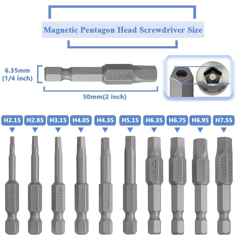 Eyech 10pcs Magnetic Pentagon Head Screwdriver Bits Set, 1/4 Inch