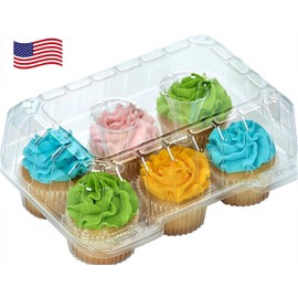 Decony Cupcake Boxes 6 Count [ MADE IN USA ]- Clear Plastic Cupcake Containers with 4" High Dome Lid- Durable Cupcake Holders- Each Cup Cake Box Holds 6 Cupcakes- 12 Pack