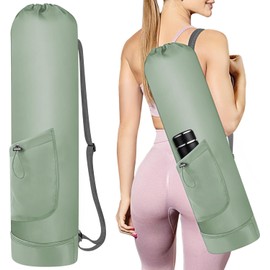 Bolsa para Esterilla de Yoga con Cordón, bolsa para tapete de yoga con compartimento húmedo impermeable, con 2 bolsillos de almacenamiento multifuncionales y correa de hombro ajustable (Verde)