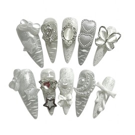 Shimmer y2k handmade nail tips - Coffin Ballet (length - part can be deleted by changing parts (-1,000 won) / 쉬머 y2k 수제네일팁 - 코핀발레(길이감-파츠변경일부삭제가능 (-1,000원)