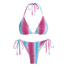 seamoly Conjunto de bikini triangular fruncido con lazo lateral floral, Multicolor-09, M