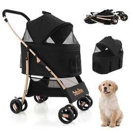 PETSITE 3-in-1 Pet Stroller, Portable Folding Dog Cat Stroller with Removable Car Seat Carrier, Adjustable Canopy, Zippered Mesh Entry and Storage Basket, Dog Stroller for Small or Medium Sized Dogs