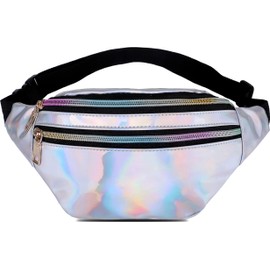 HNKJDS Metallic Color Holographic Fanny Pack Shiny Waist Packs Waterproof Belt Bag with Adjustable Belt for Women Men (Silver)
