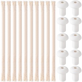 HINZIC 15 PCS 1/4" Round Oil Lamp Wicks with 10 PCS Holders 0.5FT Cotton Braided Lamp Wicks Replacement for Candle Lamp, Tiki Torches Alcohol Candle Burner Lampberger Kerosene Lamp