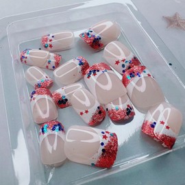 Independence Press on Nails Short Square 4th of July Fake Nails White French Red Glitter Star Nail Tips Designs American Flags False Nail Nude Acrylic Artificial Nails Stick on Nails for Women