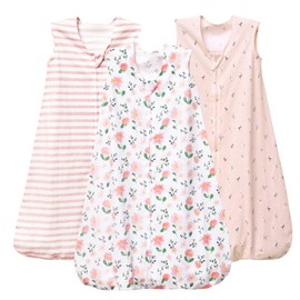 PHF Baby Sleep Sack 12-18 Months 3 Pack 100% Cotton Baby Wearable Blanket, 2-Way Zipper 0.5 TOG Toddler Sleeping Sack, Comfy Sleep Bag for Baby Girls, Pink Floral (Large)