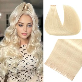 Tape in Hair Extensions Human Hair 18 Inch 20pcs Invisible Tape ins Hair Extensions Real Human Hair for Women Platinum Blonde Remy Seamless Tape Hair Extensions Skin Weft Color(60#, 18 Inch)
