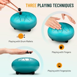 CAHAYA Steel Tongue Drum 6-Inch: 8 Notes Rain Drum Steel with Music Book Handpan Drums Mallets Finger Paddles and Carry Bag for Kids Gift Meditation Blue