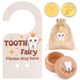PartyYeah 1 Set/4Pcs Wooden Tooth Fairy Box Tooth Fairy Door Hanger Tooth Fairy Box with Storage Pouch Gold Foil Reward Coin Wooden Doorplate Toot-h Fairy Coin