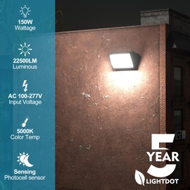 Lightdot 2Pack 150W LED Wall Pack Lights, 100-277v Dusk to Dawn with Photocell, 22500Lm 5000K Daylight IP65 Waterproof Wall Mount Outdoor Security Lighting Fixture, Energy Saving