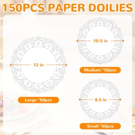 150 Pack Paper Doilies Assorted Sizes - 8.5inch, 10.5 inch and 12 inch Round White Paper Doilies for Food, Disposable Lace Paper Doilies Paper Placemats for Party Table Crafts Cakes Desserts Tableware