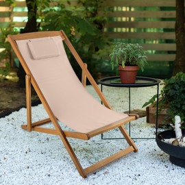 Lavish Home Beach Lounge Chair - Adjustable Height Reclining Sling Chair - Portable Wood Folding Chairs - Folding Lounge Chairs for Outside, Patio, Balcony, or Camping - Outdoor Furniture (Beige)