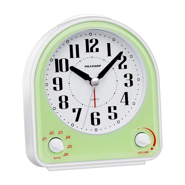 Peakeep Non-Ticking Silent Alarm Clock, Optional 7 Wake-up Sounds with Volume Control, Nightlight and Snooze, AA Battery Operated and Included (Green)