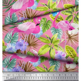 Soimoi Pink Heavy Canvas Fabric Flamingo,Tropical Leaves & Floral Fabric Prints By metre 58 Inch Wide