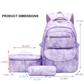 goldwheat - Mochila estampada con estrella con estuche de almuerzo, 3 unidades, para estudiantes de primaria, adolescentes, mochila, Púrpura, Star print, Mochila, integrada