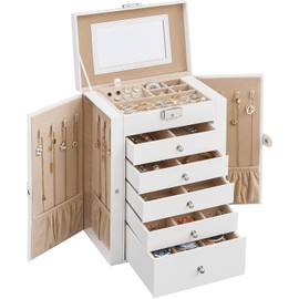 SONGMICS Caja para Joyas de 6 Niveles, Caja Joyero con 5 Cajones, Espejo, Cerradura, Superficie Blanco Nube y Forro Beige Arena MJBC152W01