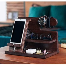 SAISAC Wooden Cell Phone Charging Docking Station Stand Organizer Compact Glasses Keychain Wallet Watch Organizer Gadget Multifunctional Office Gift Keepsake