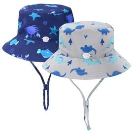 LO SHOKIM 2 Pack Dinosaur Baby Sun Hat Toddler Summer Sun Protection Beach Hat 2-3 Years Baby Wide Brim Bucket Hat UPF 50+ Infant Adjustable Cap (Grey Dinosaur+Navy Crab, 48-50cm)