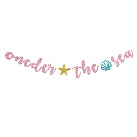 Talorine Oneder the Sea Banner, Mermaid Theme Birthday Banner, Girl 1st Birthday Ocean Party Decorations Supplies, Pink Glitter