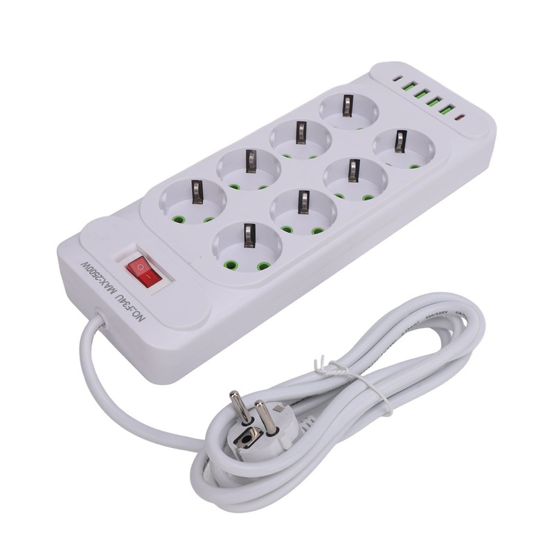 8 Way Power Strip USB C European Socket Desk Wall