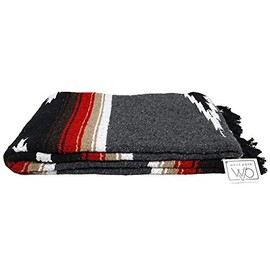 Charcoal Black Mexican Yoga Blanket -- Thick Navajo Diamond with Vintage Retro Serape Red Tan Brown and White Stripes