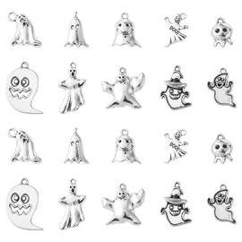 Stiesy 100Pcs 10 Styles Ghost Tibetan Charms Antique Silver Skull Charm Vintage Funny Ghost Charms for Jewellery Making DIY Bracelet Crafting Earrings Necklace Keychain