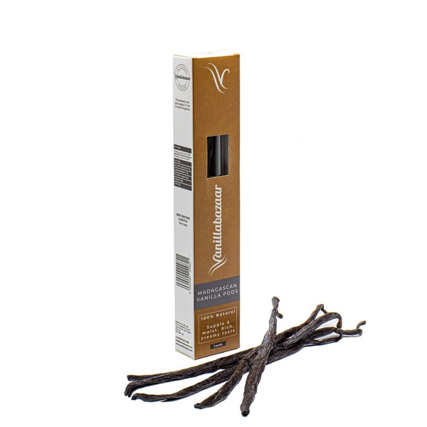 Vanillabazaar Sustainable Madagascan Grade A Beans - 5 Bourbon Gourmet Vanilla Pods in Resealable Tube for Chefs & Home Baking / Extraction Purposes