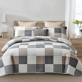 Y-PLWOMEN Quilt Set Queen Size, 100% Cotton Quilt Bedding Set, Patchwork Plaid Quilted Bedspread, Lightweight Reversible Queen Comforter Set for All Season, Grey/Brown/White/Black, 3-Pieces