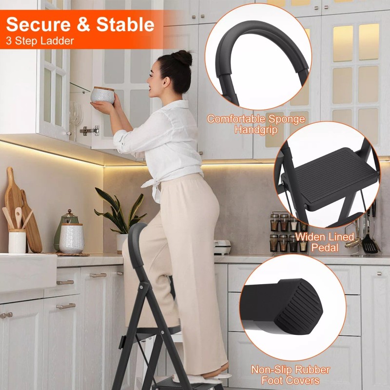 NewHome 3 Step Ladder with Wide Anti-Slip Pedal Heavy Duty
