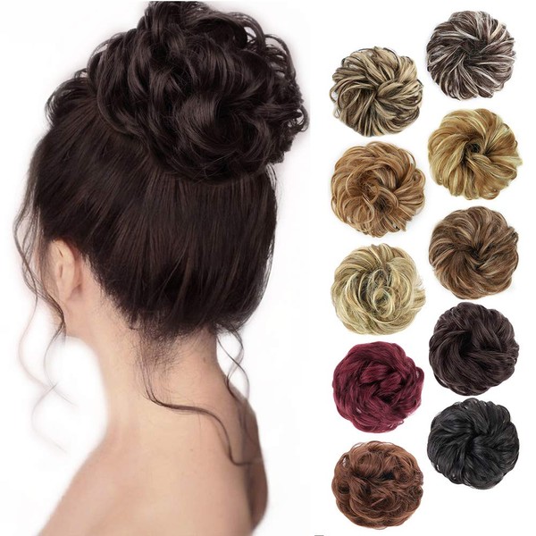 MORICA 1PCS Messy Hair Bun Hair Scrunchies Extension Curly Wavy Messy Synthetic Chignon for Women Updo Hairpiece (Dark Brown)