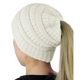 Boolavard BeanieTail Soft Stretch Cable Knit Messy High Bun Ponytail Beanie Hat (White)