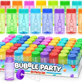 Bulk Neon Bubble Solution Bottles - Lid-Attached Wands, Party Favor Set in Display Box, 60 Pcs | Birthday Decor, Goody Bag Stuffers Supplies, Pinata Fillers, Carnival & Summer Outdoor Toy Gift for Kid