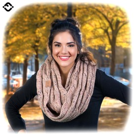 Funky Junque Women's Fluffy Knit Infinity Scarf – Warm Winter Cable Knitted Confetti Taupe Pattern Wrap