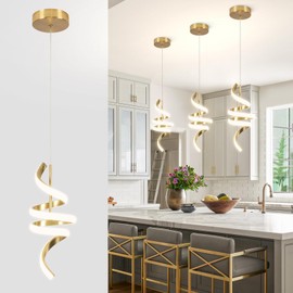 Sovinzert Spiral LED Pendant Light Fixtures, 15IN Modern Pendant Lights Adjustable Height 4000K Gold Kitchen Island Light Chandeliers for Dining Room Hanging Lights, 1 Pack